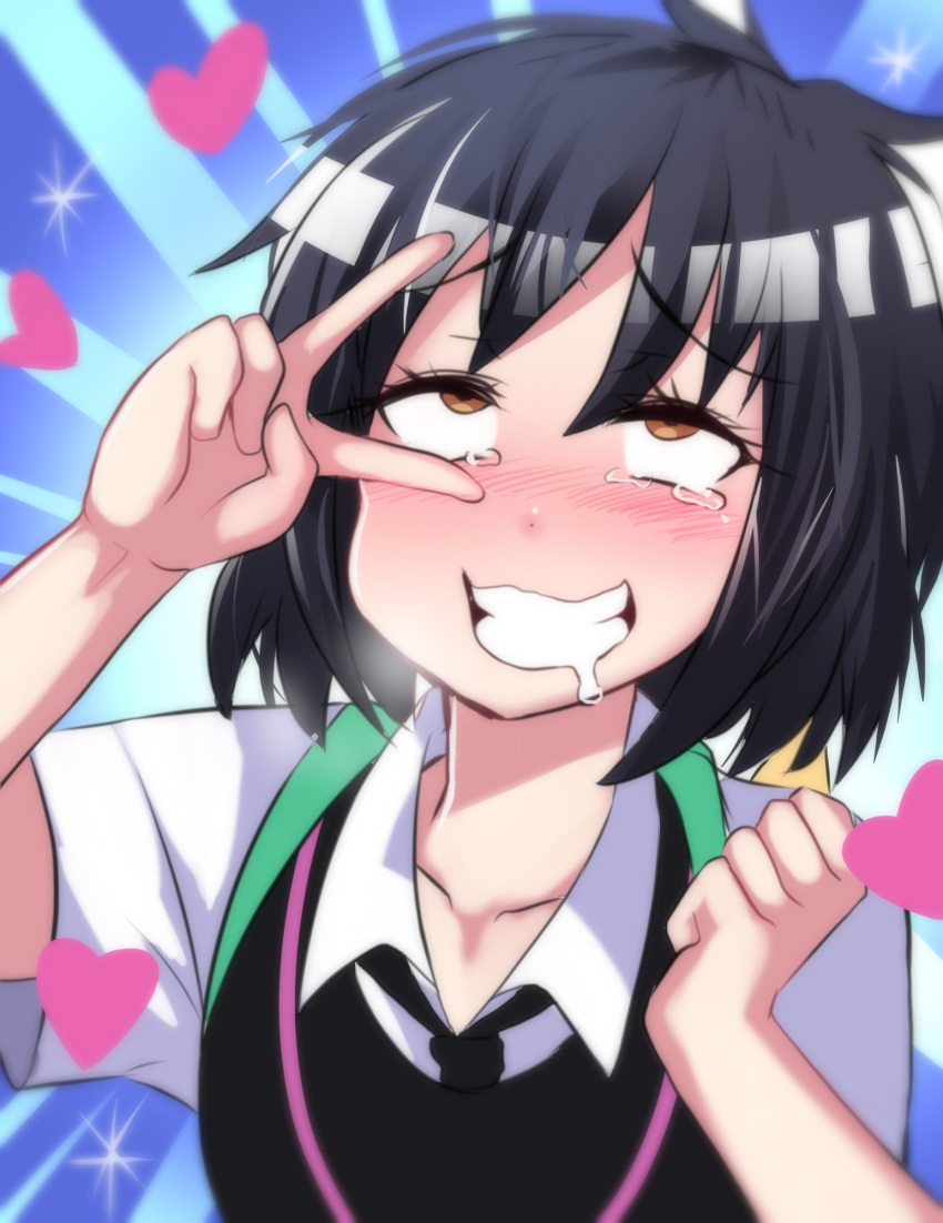 1girl, ahegao, black_hair, blush, brown_eyes, drooling, grin, heart