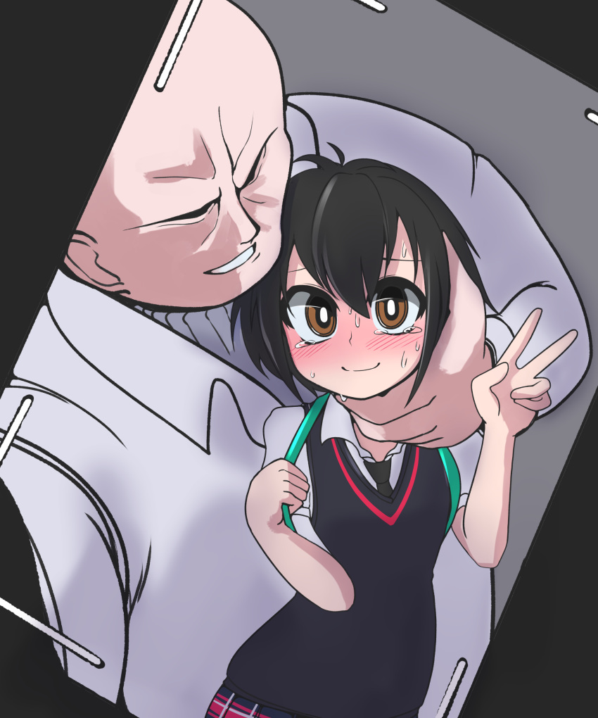 1boy, 1girl, absurdres, antenna_hair, bald, black_hair, brown_eyes, formal, hair_between_eyes, highres, kingpin, marvel, necktie, nervous, peni_parker, plaid, plaid_skirt, rnerhlrl, school_uniform, self_shot, short_hair, skirt, smile, spider-man:_into_the_spider-verse, spider-man_(series), suit, sweat, sweater_vest, tears, turtleneck, v, white_suit