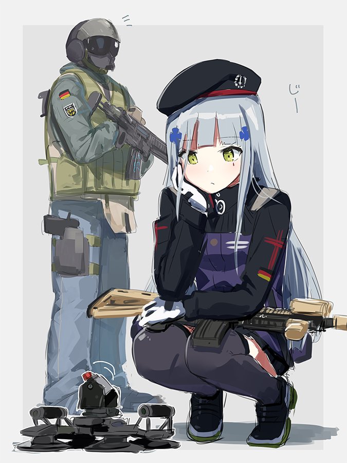 1boy, 1girl, assault_rifle, aumann, beret, drone_(rainbow_six_siege), german_flag, girls_frontline