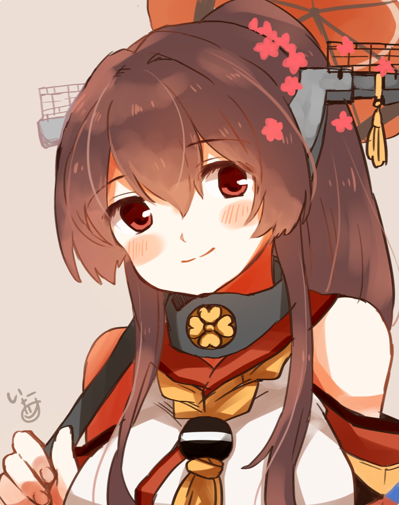 1girl, bare_shoulders, blush, brown_hair, closed_mouth, collar, commentary_request, detached_sleeves, eyebrows_visible_through_hair, fingernails, flower, hair_between_eyes, hair_flower, hair_ornament, hair_over_shoulder, headgear, holding, holding_umbrella, ina_(1813576), kantai_collection, kikumon, long_hair, looking_at_viewer, oriental_umbrella, petals, ponytail, red_eyes, sidelocks, signature, simple_background, sleeveless, smile, solo, umbrella, upper_body, yamato_(kantai_collection), yellow_rope, z-flag