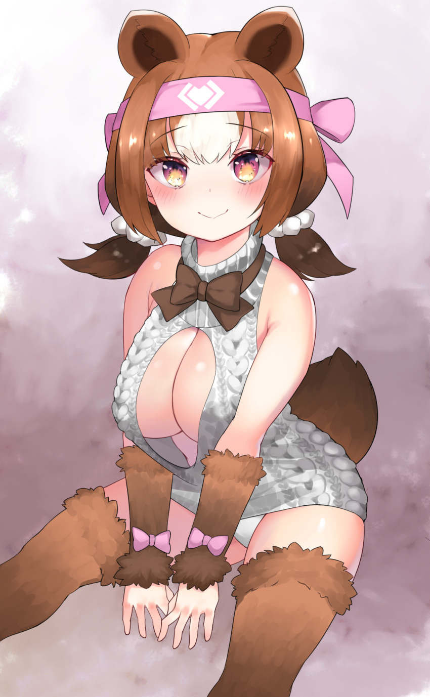1girl, animal_ears, aran_sweater, bare_shoulders, bear_ears, bear_tail, blush, bow