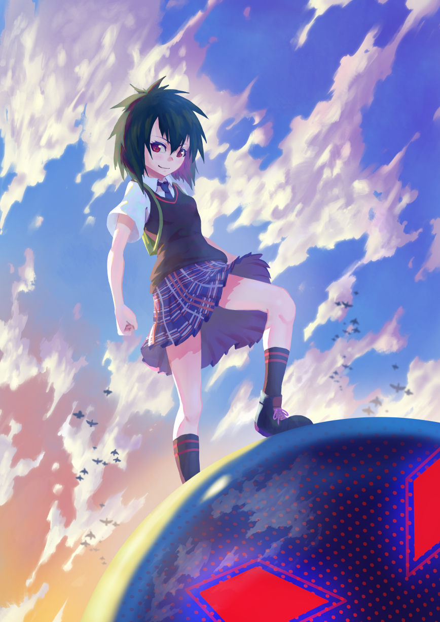 1girl, backpack, bag, black_hair, blue_sky, clouds, full_body, hair_between_eyes