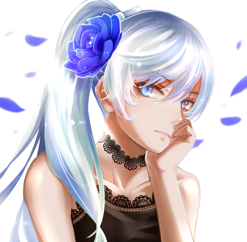 1girl, blue_eyes, blue_flower, blue_rose, chin_rest, choker, collar, eyebrows_visible_through_hair