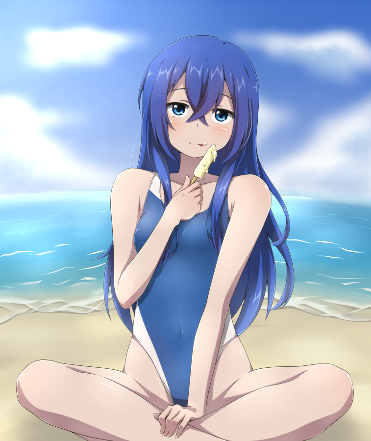 1girl, astarte_(strike_the_blood), beach, blue_eyes, blue_hair, blue_sky, blue_swimsuit, clouds