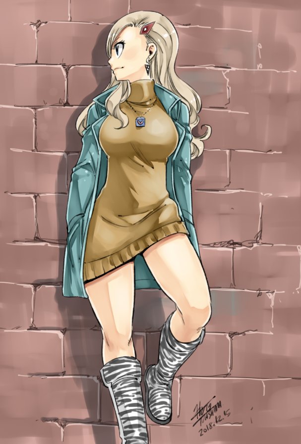 1girl, against_wall, blue_coat, boots, breasts, brown_sweater, coat, dress