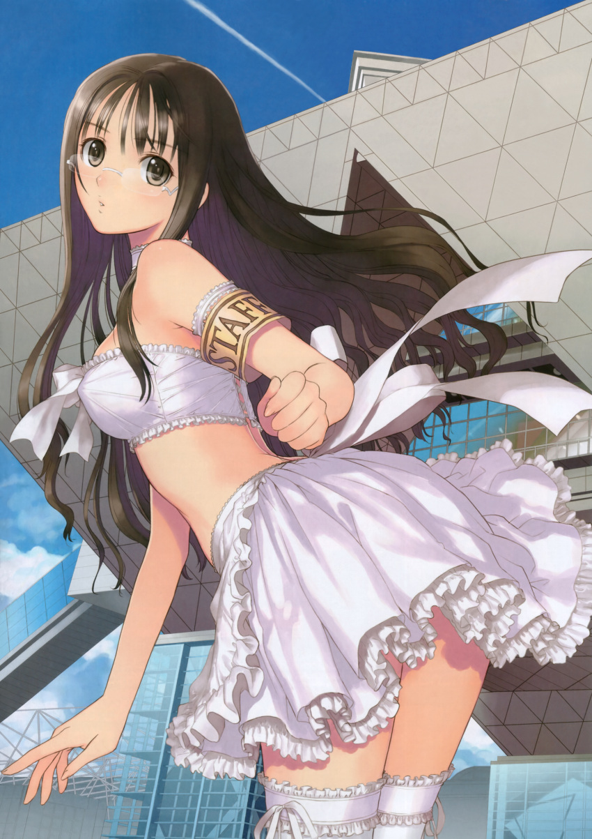 apron, armband, blush, bow, brown_eyes, brown_hair, choker, comiket, dress, from_behind, garters, glasses, highres, lace, midriff, petticoat, ribbon, skirt, taka_tony, thigh_highs, thighhighs, thighs, tokyo_big_sight, tony_taka