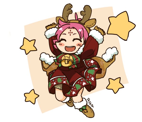 1girl, antlers, arms_up, artist_name, bell, boots, brown_gloves, cape
