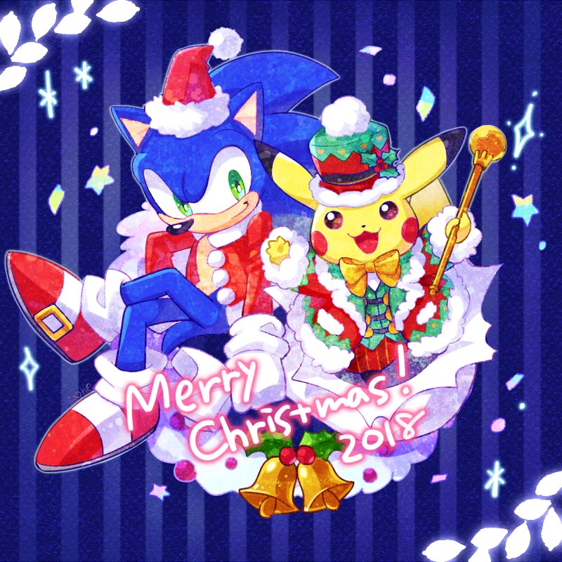 2boys, alternate_costume, bell, blue_eyes, bone_(stare), christmas, christmas_tree, creatures_(company), fur_trim, furry, game_freak, gen_1_pokemon, gloves, hat, looking_at_viewer, male_focus, merry_christmas, multiple_boys, nintendo, no_humans, pokemon, pokemon_(creature), red_gloves, sack, santa_costume, santa_hat, sega, smile, sonic, sonic_(series), sonic_the_hedgehog, super_smash_bros., super_smash_bros._ultimate, tail