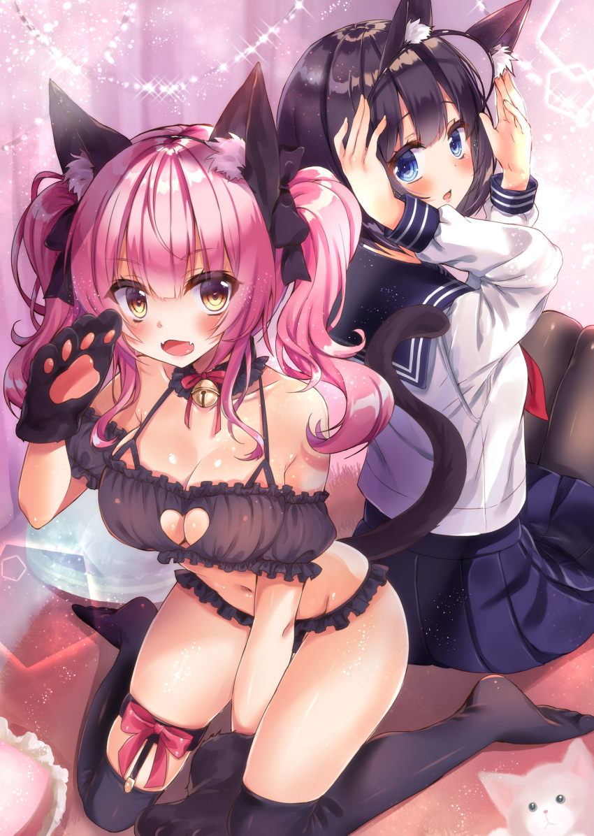 2girls, :d, animal_ears, arms_up, bangs, bare_shoulders, bell, between_legs
