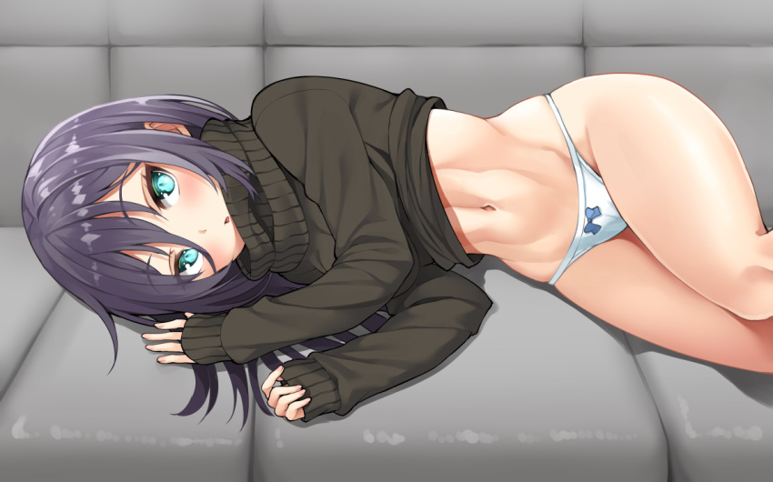 1girl, abs, aqua_eyes, bangs, black_sweater, blue_bow, blush, bow