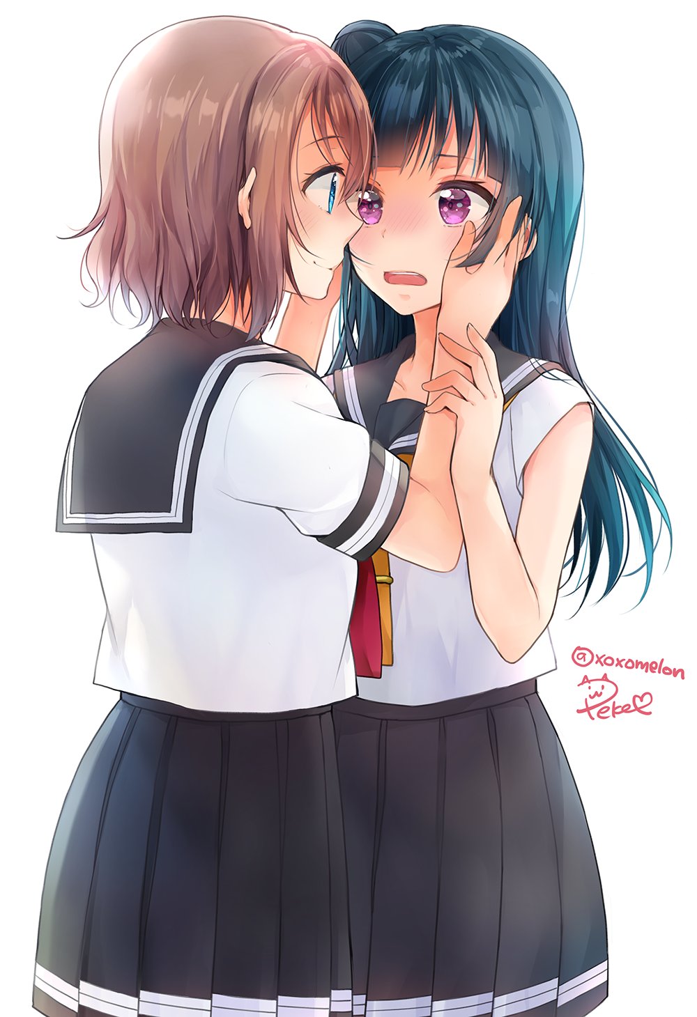 2girls, artist_name, bangs, black_sailor_collar, black_skirt, blue_eyes, blue_hair, blush