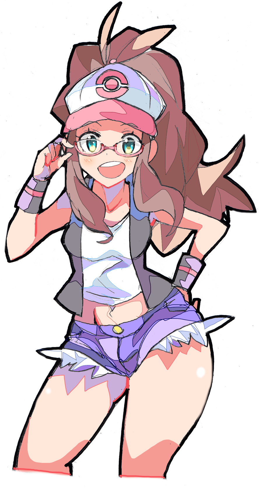 1girl, :d, bare_arms, bare_legs, baseball_cap, bespectacled, black_vest, brown_hair
