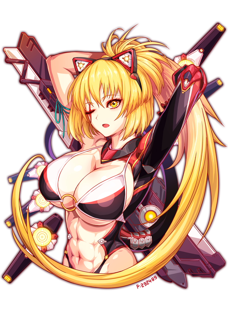 1girl, abs, animal_ears, arms_behind_head, arms_up, bangs, blonde_hair, breasts
