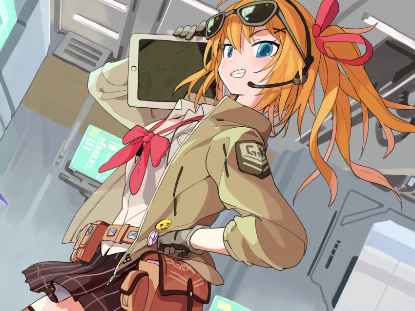 1girl, american_dog_wo, badge, bangs, black_skirt, blue_eyes, bow, button_badge
