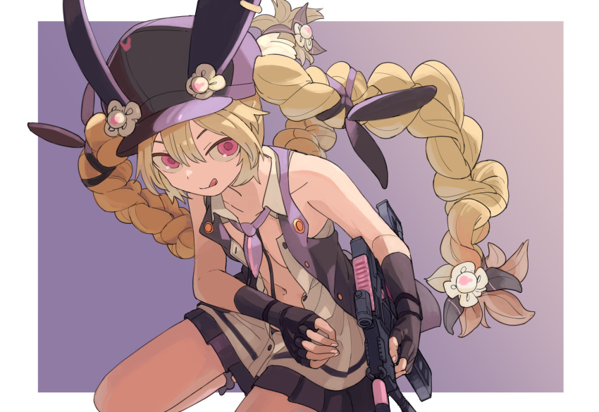 1girl, american_dog_wo, assault_rifle, bangs, bare_shoulders, black_gloves, black_hat, black_skirt