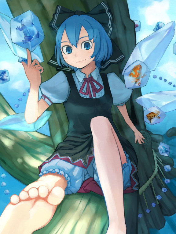 barefoot, bloomers, blue_hair, bow, cirno, element_bender, feet, foreshortening, frog, hair_bow, haruno, ice, in_tree, looking_at_viewer, ribbon, ribbons, short_hair, sitting, sitting_in_tree, smile, soles, toes, touhou, tree, trees, wings