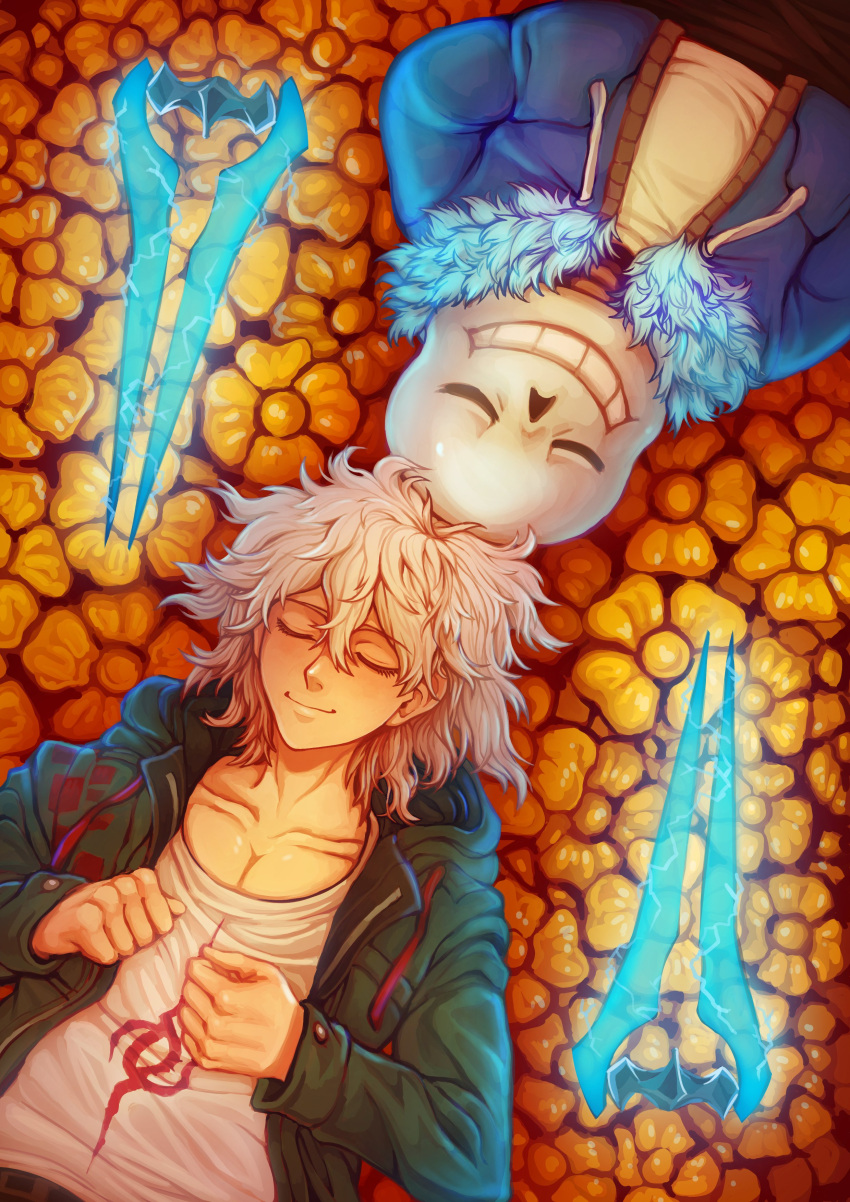 2boys, absurdres, belt, blue_jacket, clenched_hands, closed_eyes, coat, crossover, dangan_ronpa, daxratchet, electricity, energy_sword, eyebrows_visible_through_hair, flower, flower_bed, fur_trim, glowing, green_coat, grin, halo_(game), hands_in_pockets, highres, hood, hood_down, jacket, komaeda_nagito, lying, male_focus, meme, messy_hair, multiple_boys, on_back, on_ground, open_clothes, open_coat, sans_(undertale), skeleton, smile, super_dangan_ronpa_2, sword, undertale, weapon, white_hair