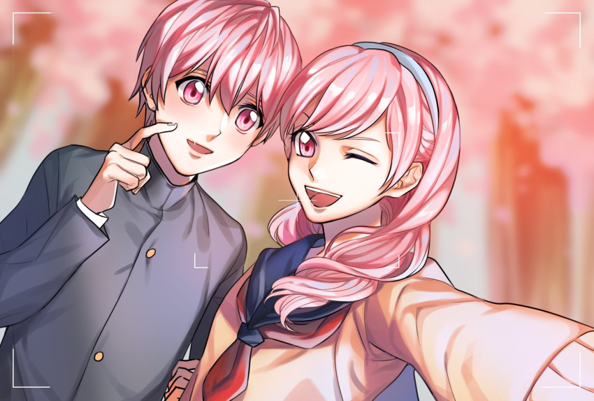 1boy, 1girl, brother_and_sister, cardigan, cellphone, crossdressinging, dinn_(db317), gakuran