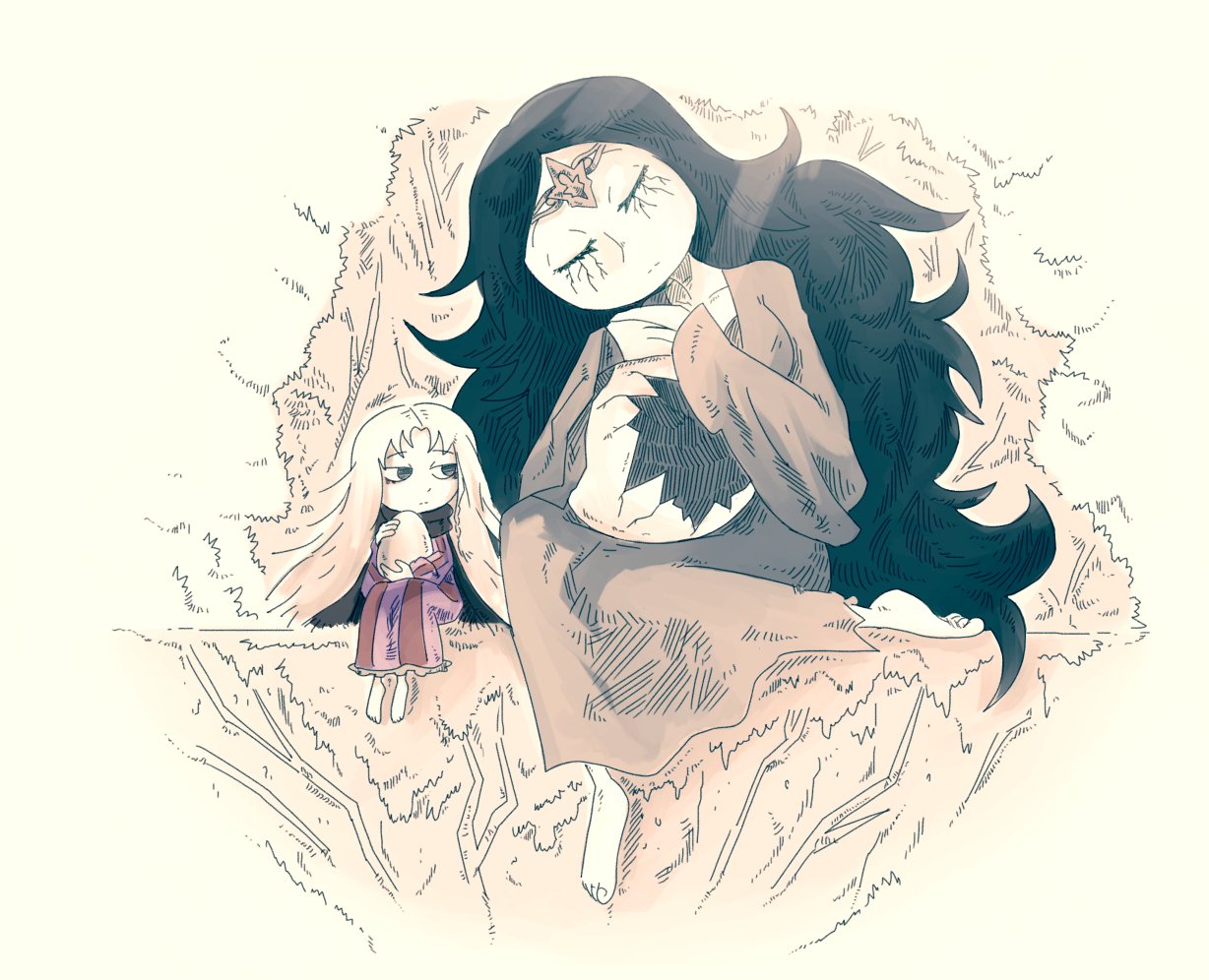 2girls, barefoot, black_eyes, black_hair, black_scarf, blonde_hair, closed_mouth, commentary