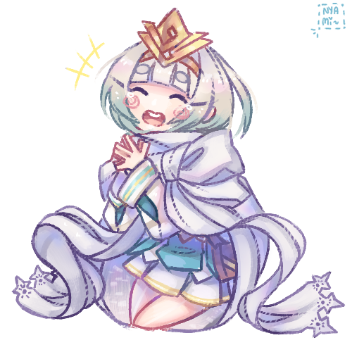 1girl, belt, blonde_hair, blue_hair, cape, closed_eyes, dress, fire_emblem, fire_emblem_heroes, gradient_hair, lowres, md5_mismatch, multicolored_hair, nintendo, nyamuh, open_mouth, short_hair, smile, solo, tiara, white_background, white_hair, ylgr_(fire_emblem_heroes)