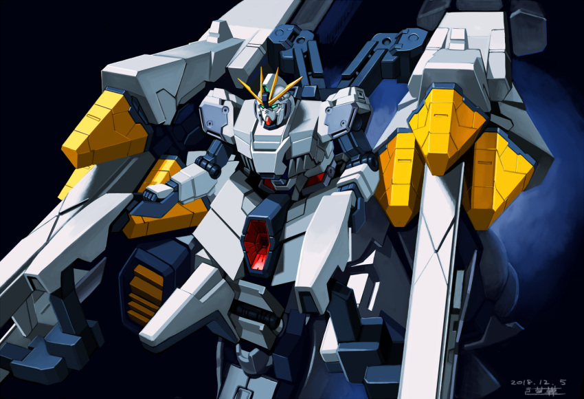 beam_cannon, commentary, dated, green_eyes, gundam, gundam_narrative, mecha, michi_kuso