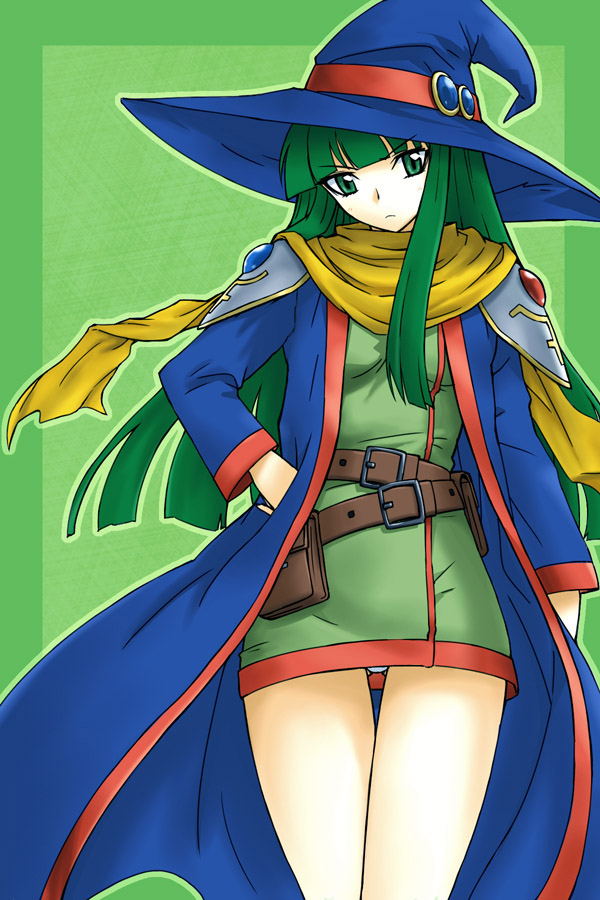 beltbag, green_eyes, green_hair, hat, long_coat, long_hair, masou_shizuka, michael