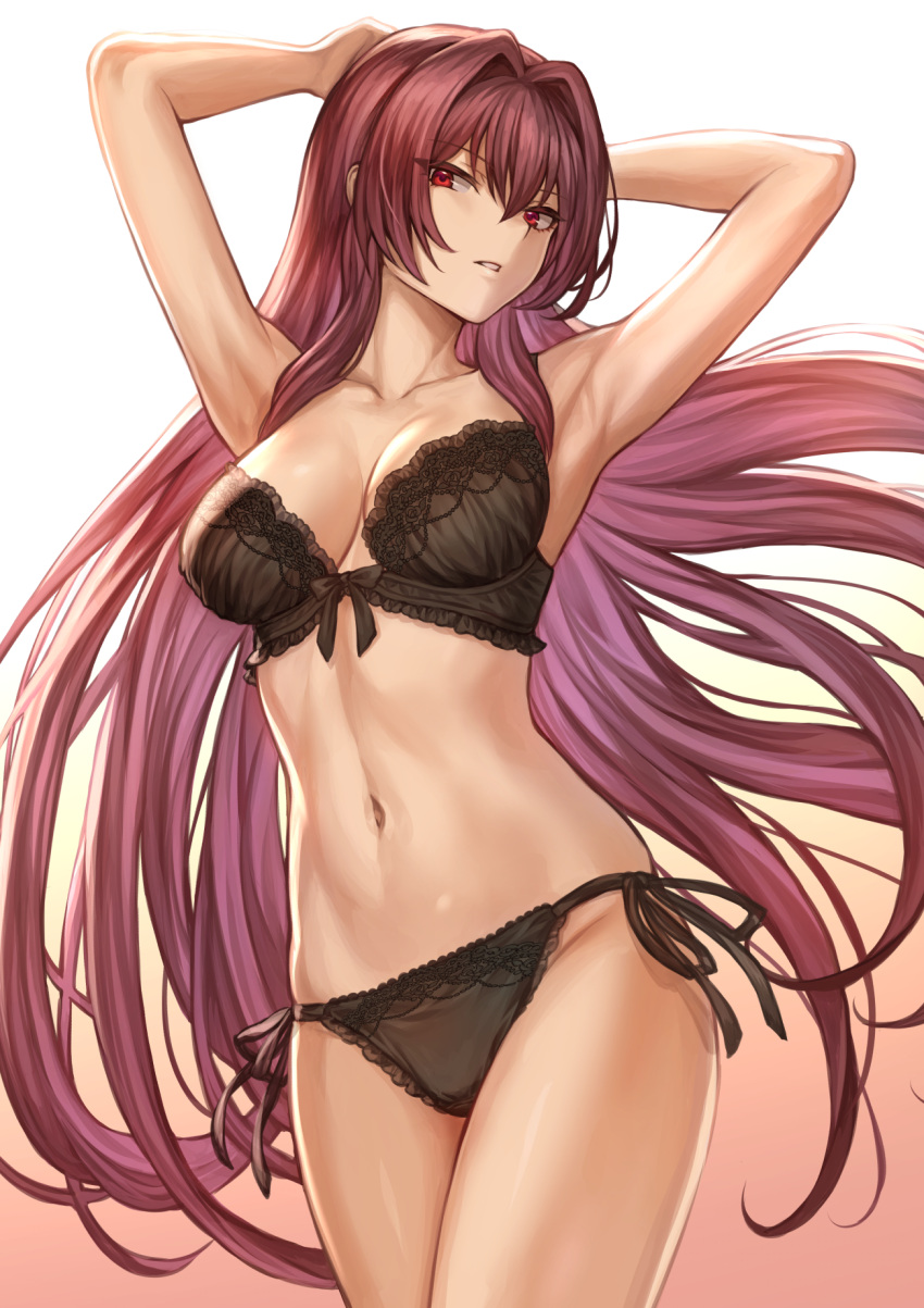 1girl, arms_up, bangs, bare_shoulders, black_bra, black_panties, bra, breasts