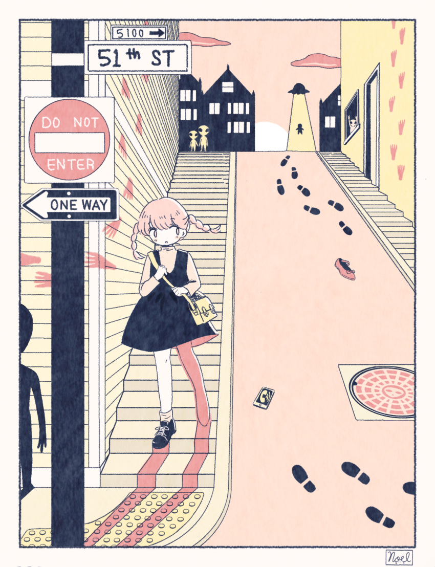 1girl, alien, arms_up, bag, bangs, black_dress, black_footwear, blush