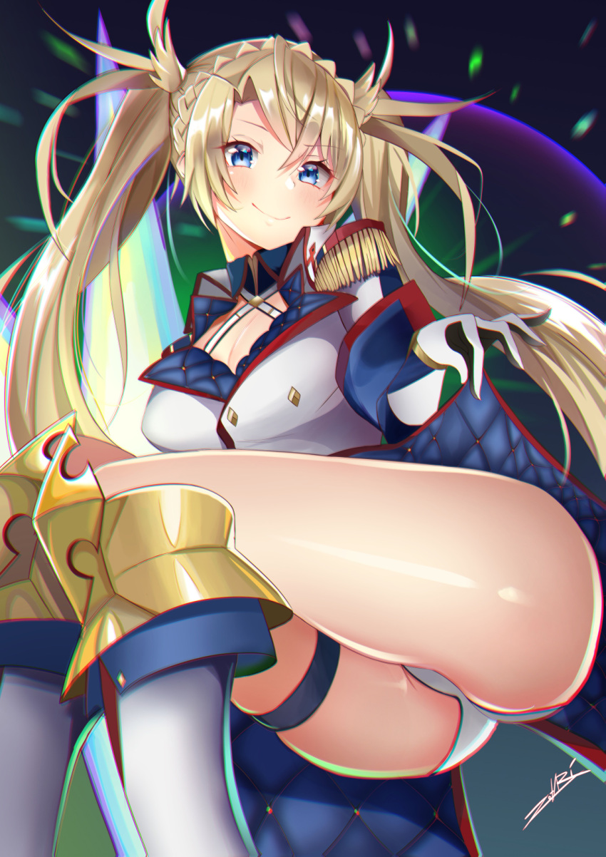 1girl, ass, beam_shield, blonde_hair, blue_eyes, boots, bradamante_(fate/grand_order), braid, breasts, cleavage, clothes_lift, coat, crown_braid, epaulettes, fate/grand_order, fate_(series), gloves, highres, long_hair, military, military_uniform, shield, signature, smile, solo, twintails, uniform, zotari