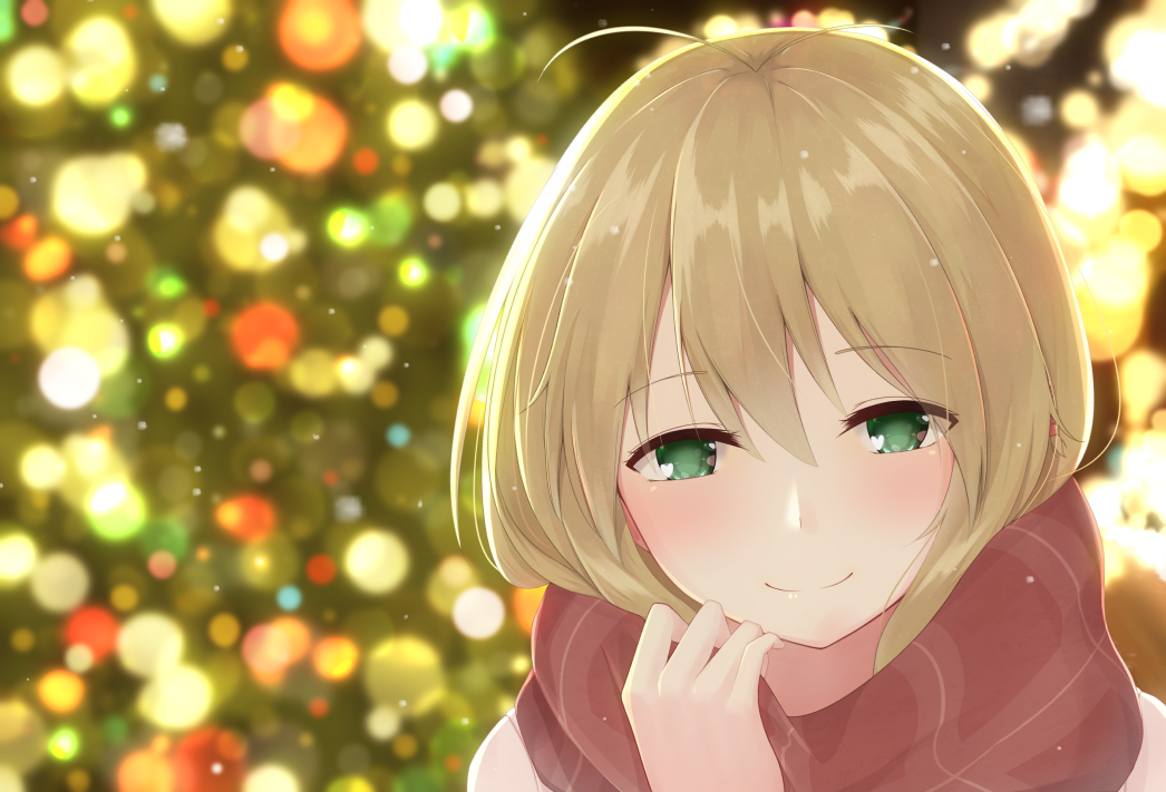 1girl, antenna_hair, bangs, blonde_hair, blush, christmas, christmas_tree, eyebrows_visible_through_hair