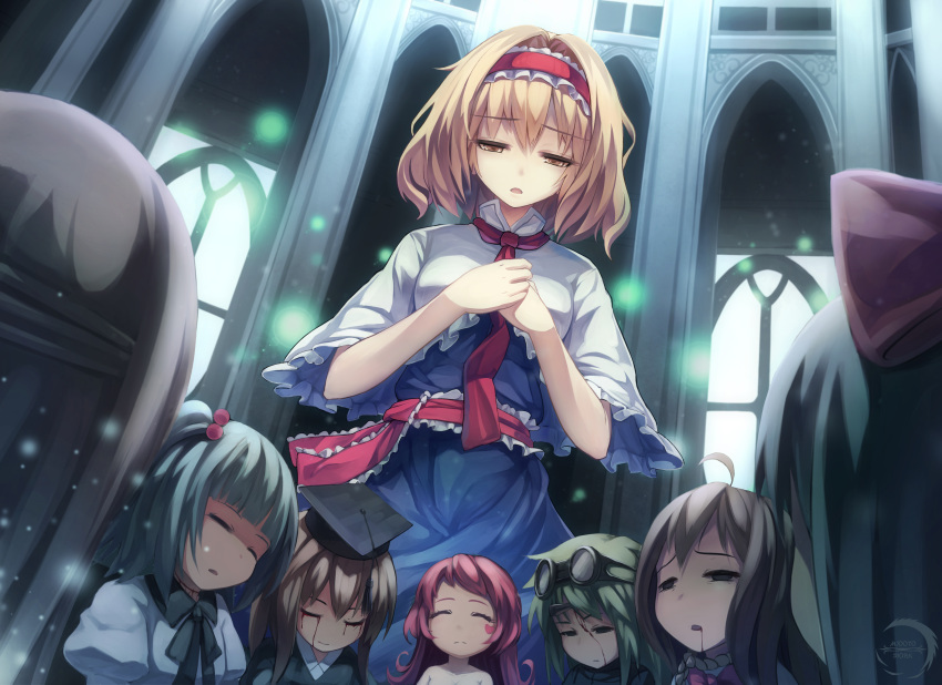 6+girls, absurdres, alice_margatroid, arcade_(architecture), blonde_hair, blood, blood_on_face, bloody_tears