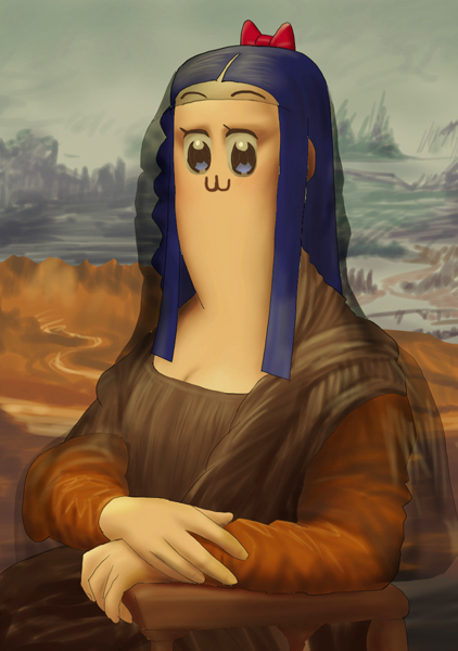 1girl, :3, bkub_(style), blue_eyes, blue_hair, bow, breasts, cleavage, commentary_request, fine_art_parody, hair_bow, long_hair, looking_at_viewer, mash-777, mona_lisa, parody, pipimi, poptepipic, portrait, red_bow, sidelocks, sitting, smile, solo, upper_body, veil
