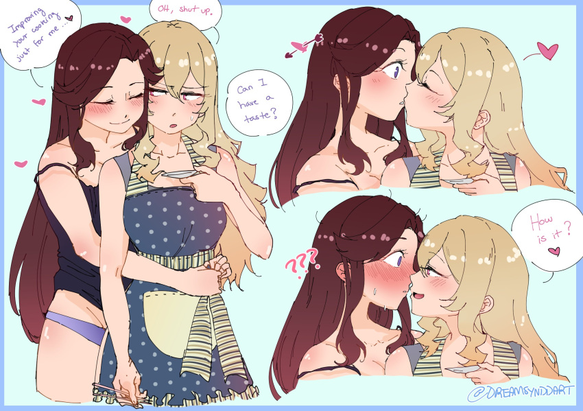 2girls, ??, apron, arrow_through_heart, bare_shoulders, black_negligee, blonde_hair, blue_eyes