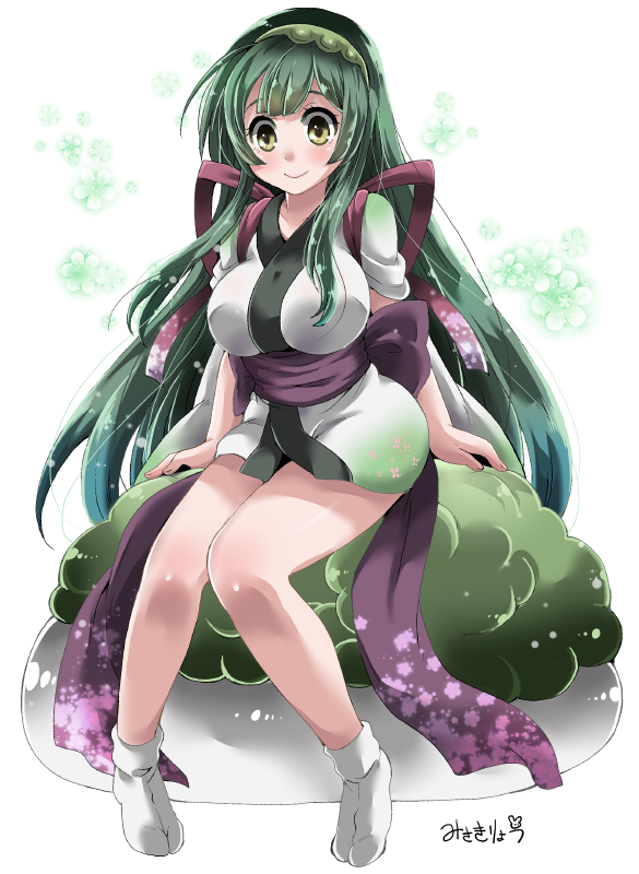1girl, bangs, blush, breasts, full_body, green_hair, hairband, japanese_clothes