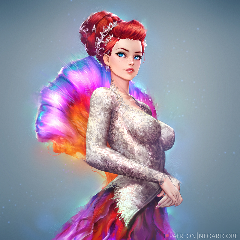1girl, aquaman_(series), artist_name, blue_eyes, breasts, dc_comics, dress, earrings, hair_up, hat_ornament, jewelry, looking_at_viewer, mera_(dc), multicolored, multicolored_clothes, multicolored_dress, nail_polish, nudtawut_thongmai, parted_lips, patreon_username, redhead, simple_background, smile, solo, upper_body