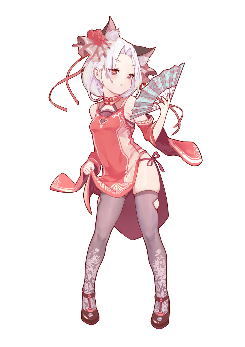 1girl, absurdres, animal_ears, black_footwear, cat_ears, china_dress, chinese_border, chinese_clothes