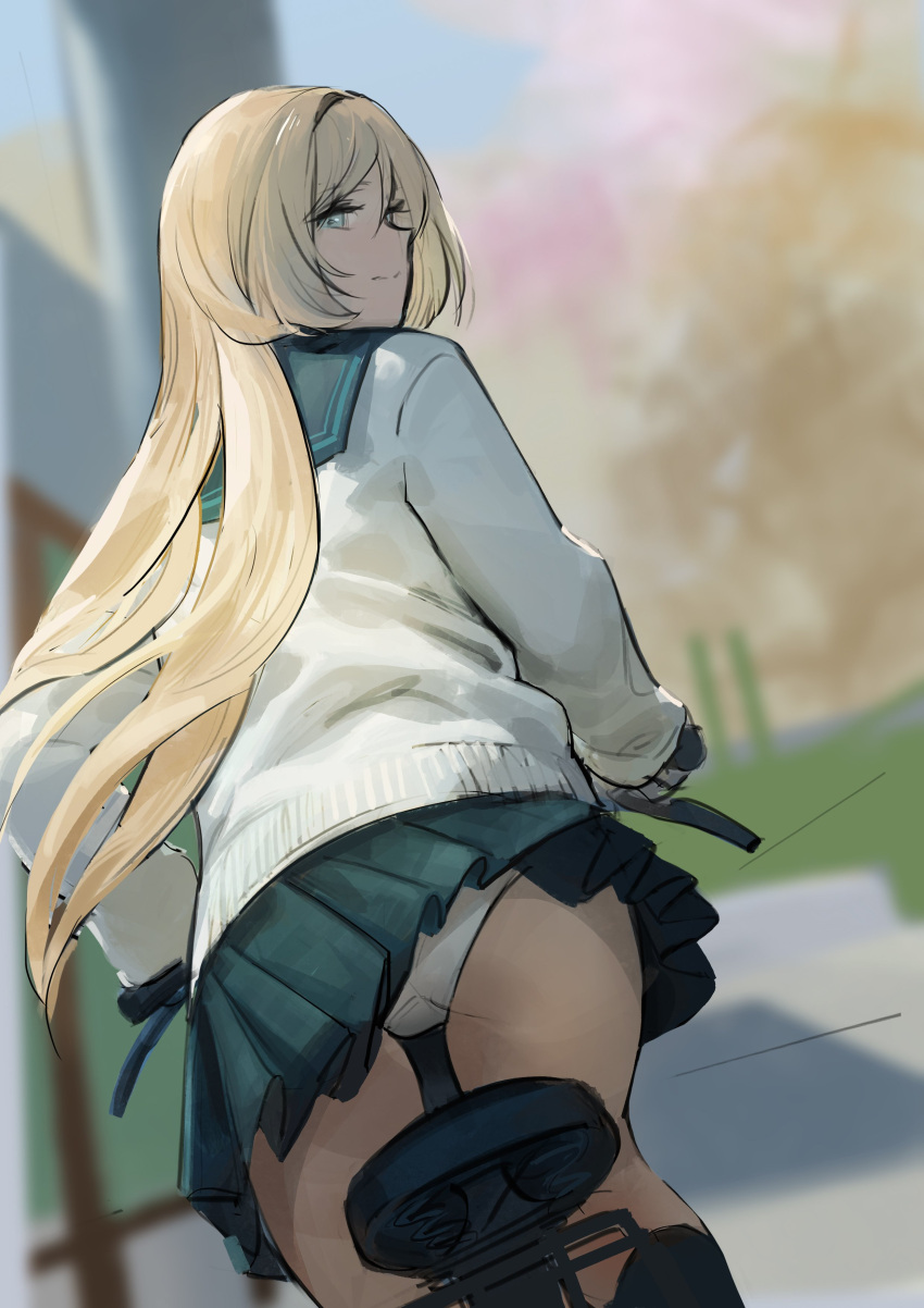 1girl, absurdres, alternate_costume, an-94_(girls_frontline), bicycle, bicycle_seat, blonde_hair, blue_eyes