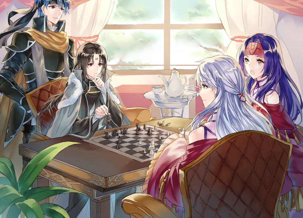2boys, 2girls, awning, bangle, bare_shoulders, black_hair, blue_eyes, blue_hair