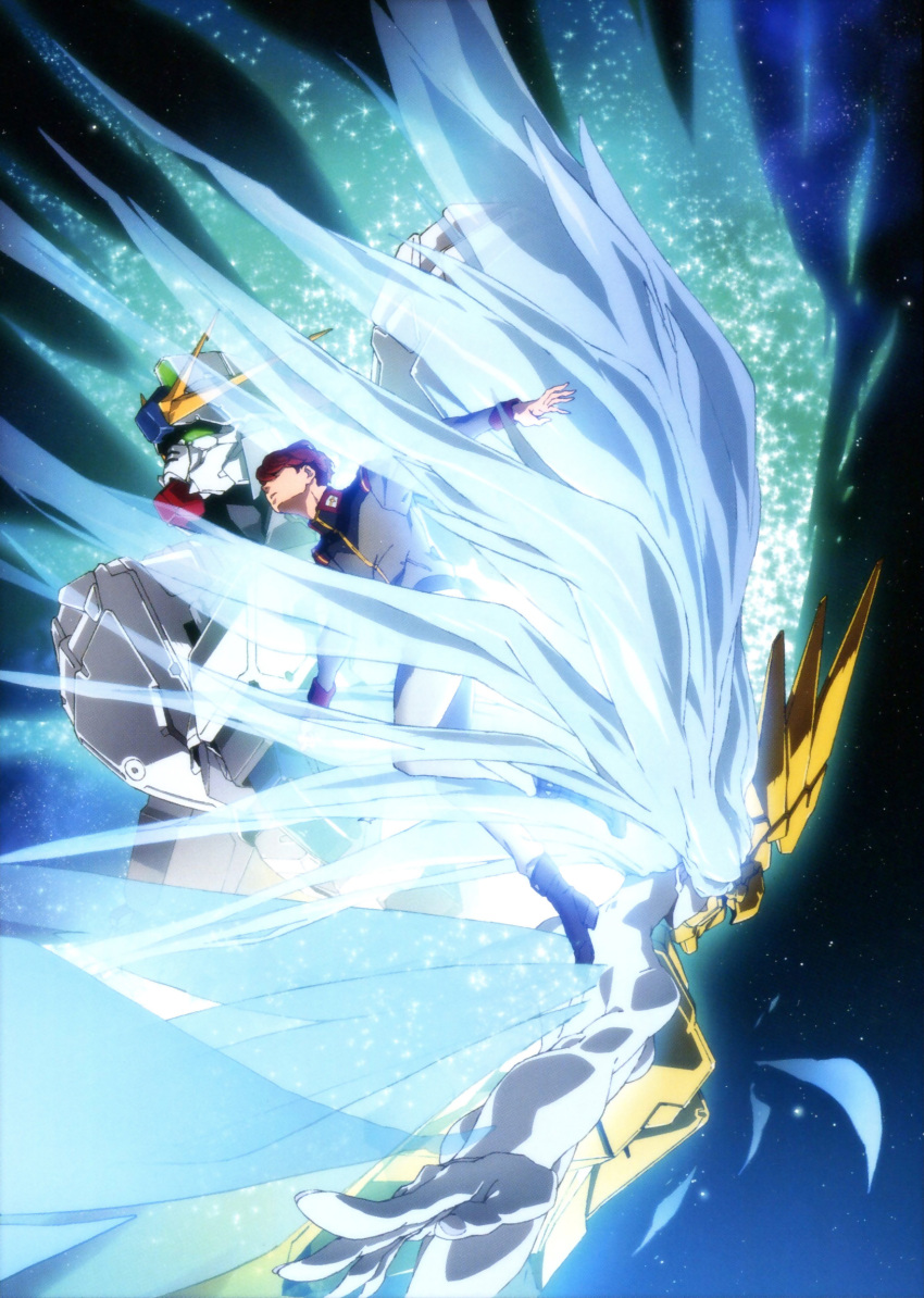 1boy, 1girl, absurdres, brown_hair, glowing, glowing_eyes, green_eyes, gundam