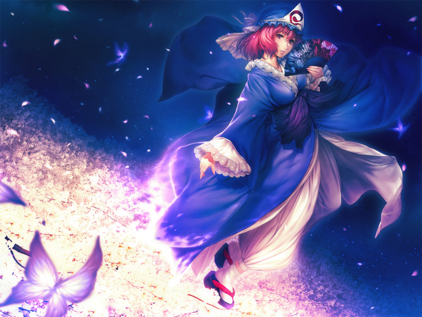 1girl, breasts, butterfly, cherry_blossoms, fan, female, folding_fan, full_body, goshoguruma, hat, highres, holding, holding_fan, japanese_clothes, lace, lace-trimmed_sleeves, lace_trim, large_breasts, long_sleeves, parted_lips, pink_eyes, pink_hair, red_eyes, red_hair, saigyouji_yuyuko, saigyouji_yuyuko's_fan_design, shippou_(pattern), short_hair, simosi, solo, tabi, touhou, tree, wallpaper, walpurgisnacht, wide_sleeves