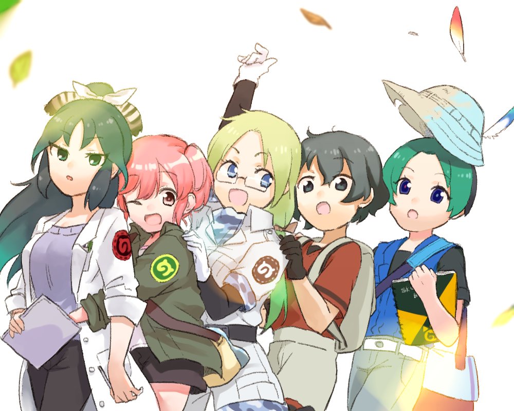 5girls, :d, :o, ;d, arm_up, asymmetrical_pupils, backpack, bag