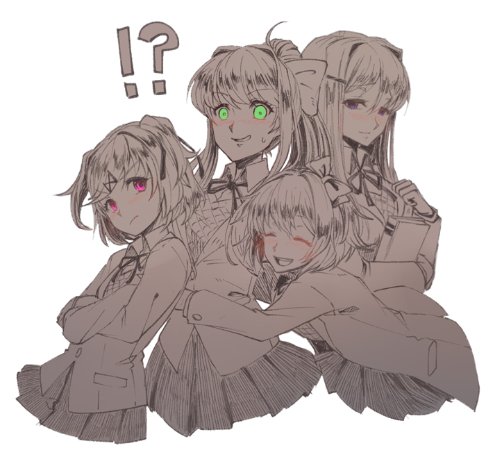 !?, 4girls, bangs, blue_eyes, blush, bow, cropped_torso, crossed_arms