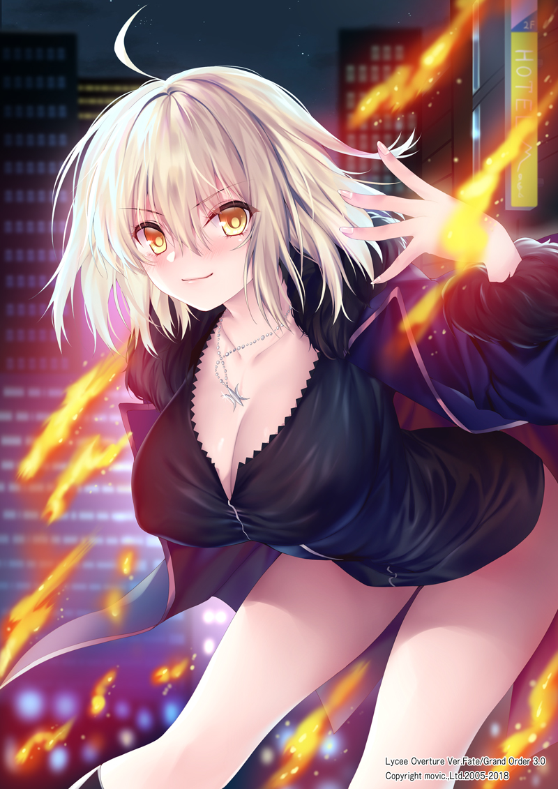 1girl, ahoge, bangs, black_dress, blue_coat, blush, breasts, cleavage