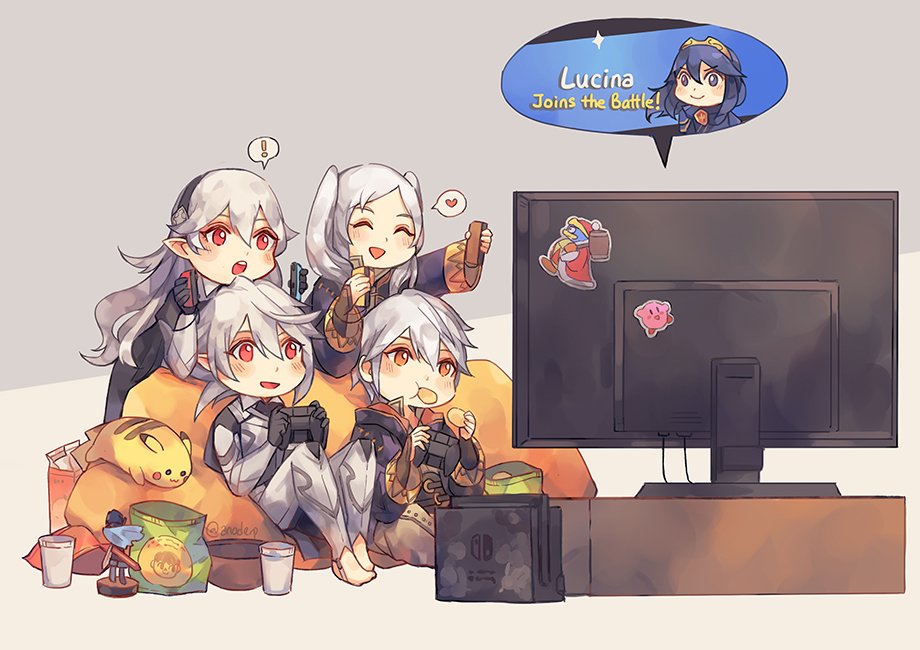 2boys, 2girls, amiibo, anocurry, armor, barefoot, blue_cape, blue_eyes