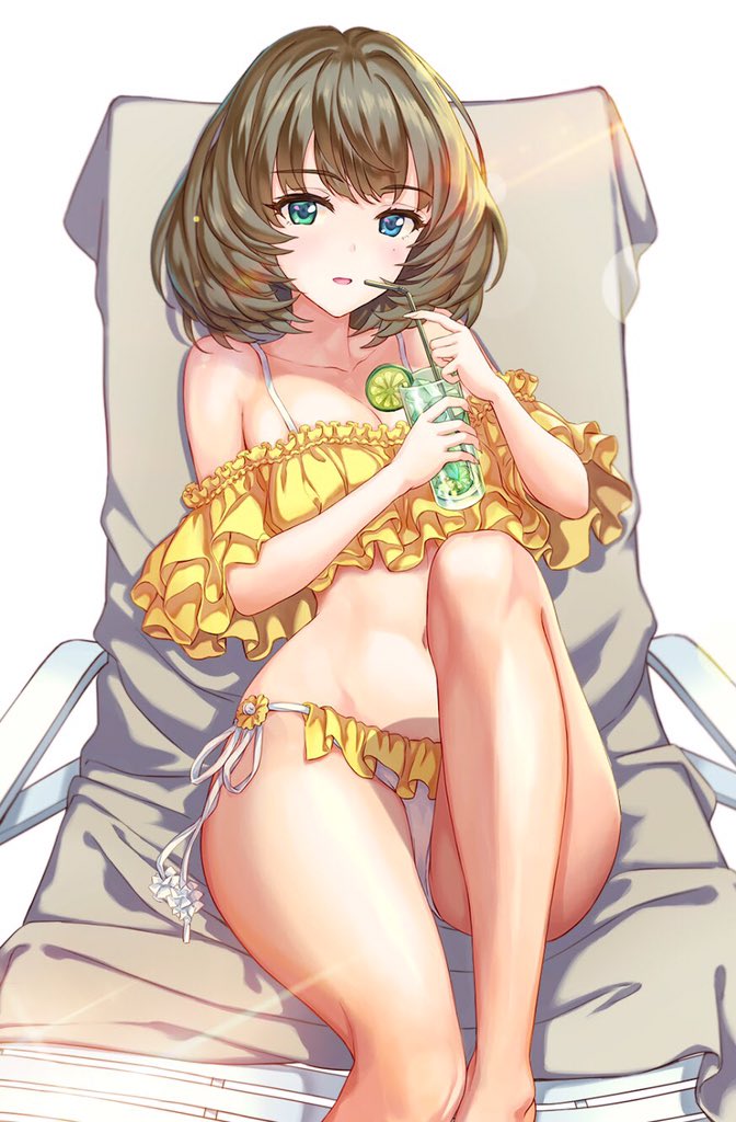 1girl, barefoot, bikini, blue_eyes, brown_hair, chair, commentary_request, drink