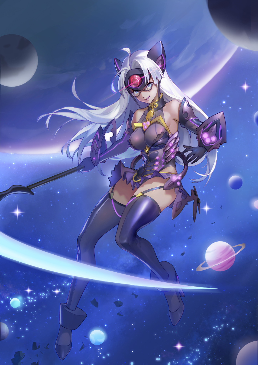 1girl, absurdres, android, armor, blue_eyes, breasts, cleavage, cyborg