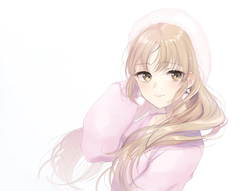 1girl, arm_up, bangs, brown_eyes, closed_mouth, earrings, eyebrows_visible_through_hair, floating_hair