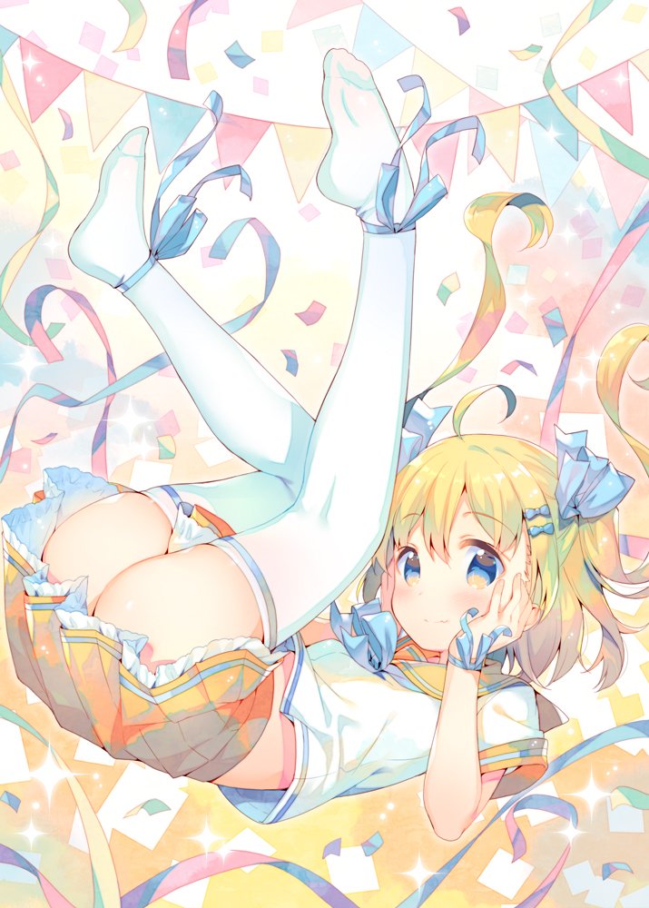 1girl, ahoge, ass, bangs, blonde_hair, blue_bow, blue_eyes, blush