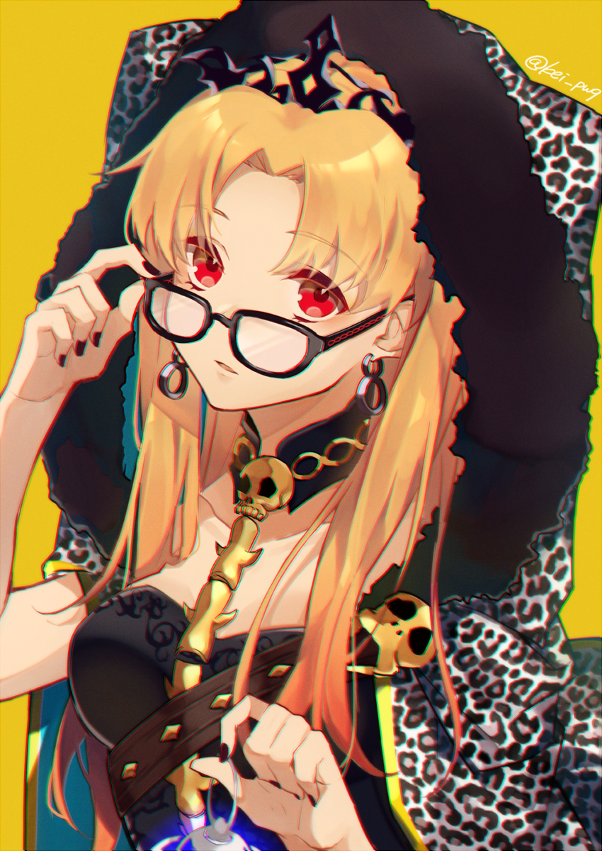 1girl, arm_up, bangs, black-framed_eyewear, black_collar, black_dress, black_nails, blonde_hair
