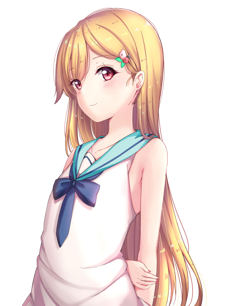 1girl, arms_behind_back, bangs, blonde_hair, blue_neckwear, blue_sailor_collar, blush, character_request